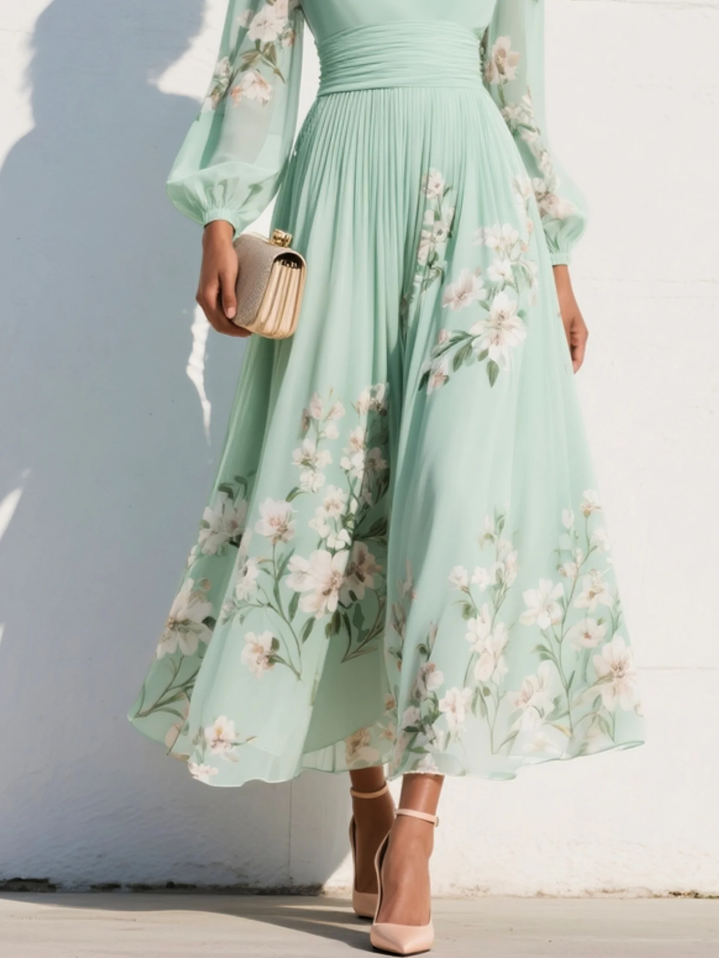 Celia | Light Green Floral Midi Dress