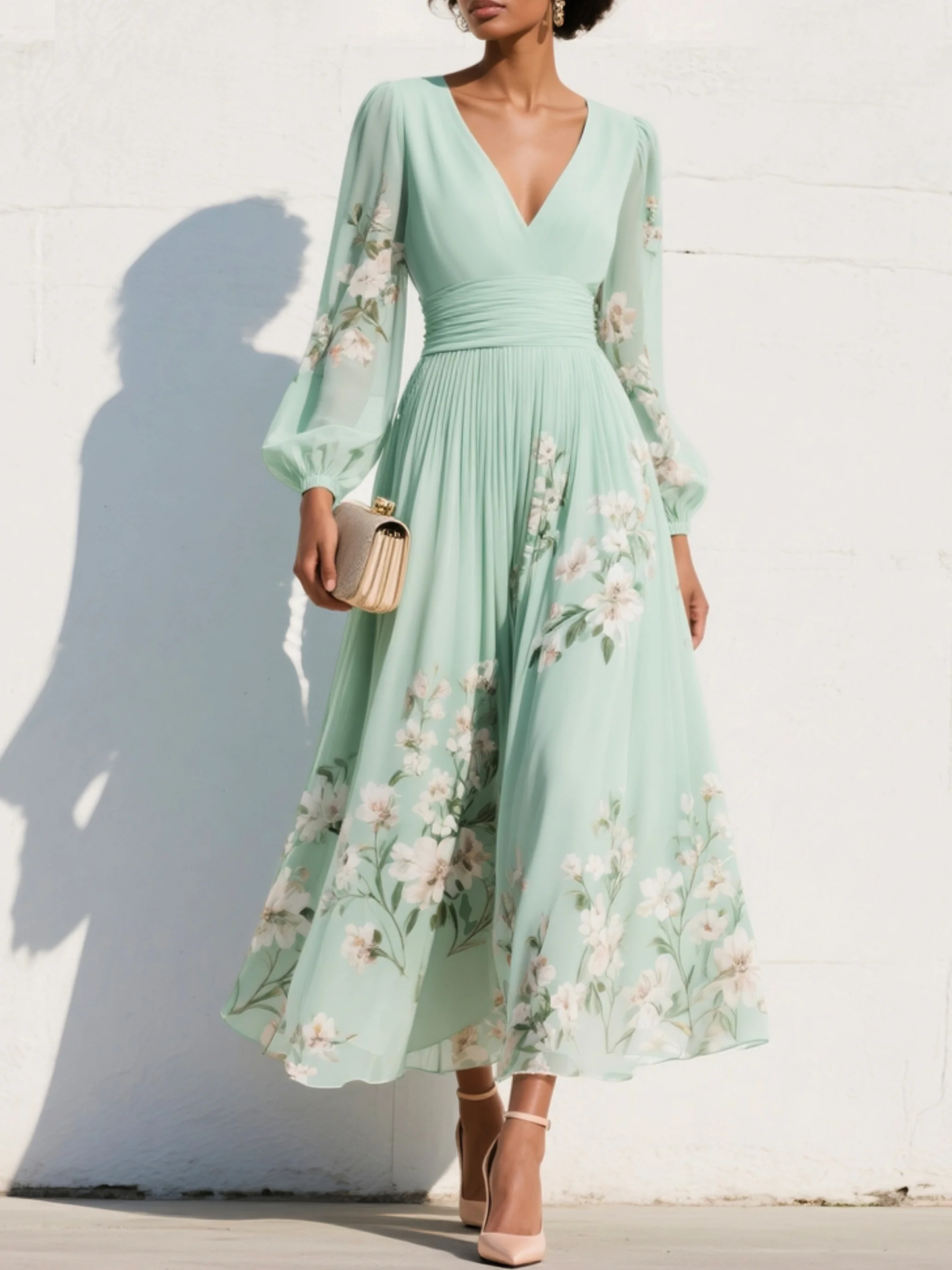 Celia | Light Green Floral Midi Dress