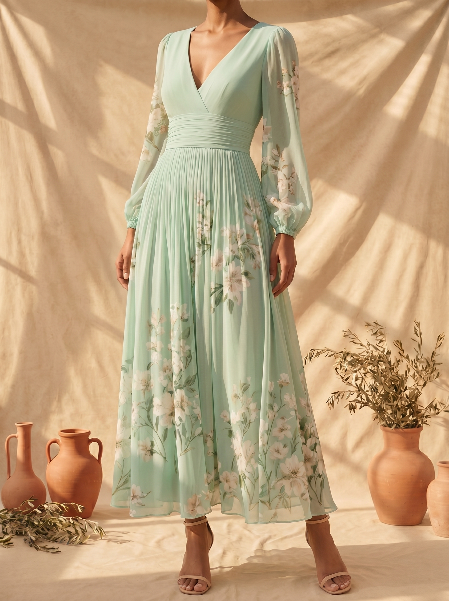 Celia | Light Green Floral Midi Dress